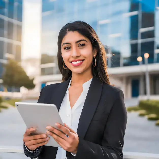 female businesswoman ceo smiling with her project notebook photograph showing exterior c 713888 24606